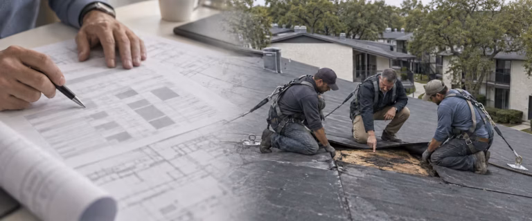 Drei gesicherte Fachleute prüfen einen Dachschaden an einer US-Mehrfamilienwohnanlage, überblendet mit einem Businessplan.