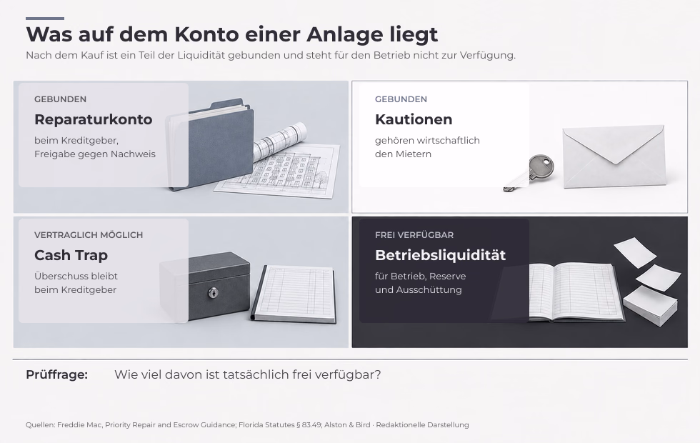 Schaubild mit vier Bestandteilen der Liquidität einer Wohnanlage: Reparaturkonto des Kreditgebers, Kautionen der Mieter, mögliche Cash-Trap-Bindung und frei verfügbare Betriebsliquidität.