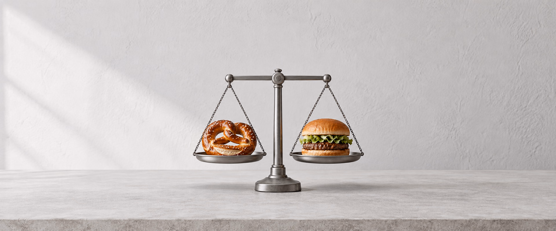 A pretzel and a burger on a level balance scale, symbolising a balanced comparison of German and U.S. real estate.